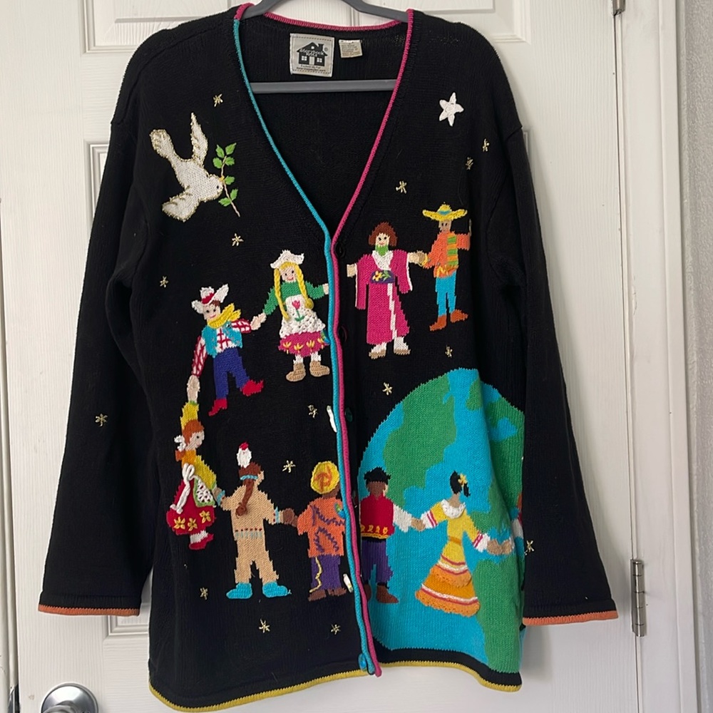 Vintage Storybook Knits Cardigan Sweater “Hold Hands For Peace” Size L
